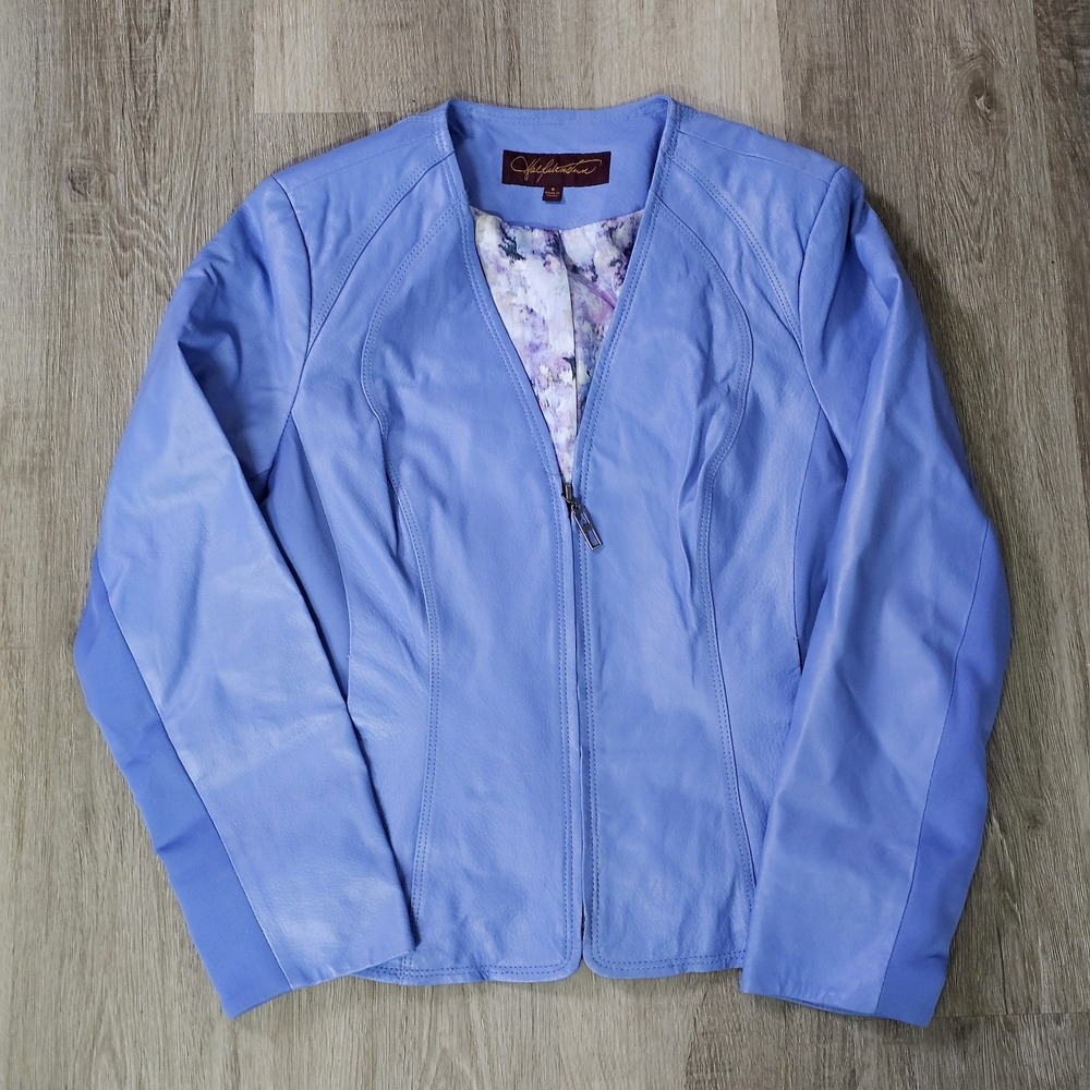 Hal Rubenstein Leather And Fabric Paneled Ladies Jacket Blue Size 6